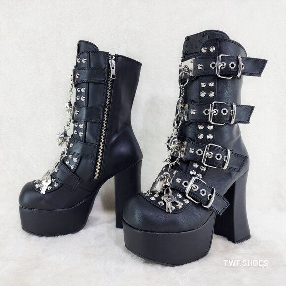 Demonia Charade Mace Charms Platform Chunky Heel Goth Mid Calf Boots - Picture 13 of 13